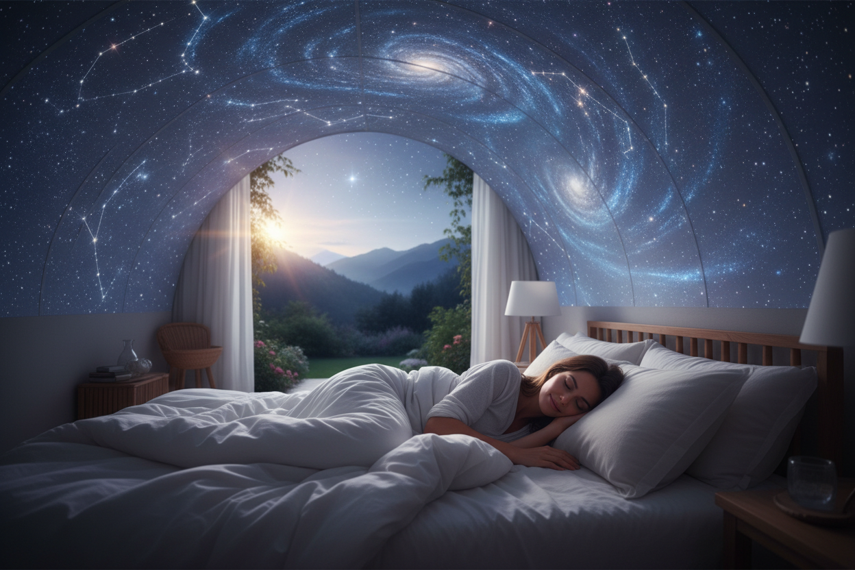 woman sleeping in bed comfortably under stars